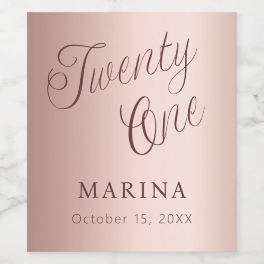 Roos gouden naamschrift 21ste verjaardag wijn etiket (Enkel label)