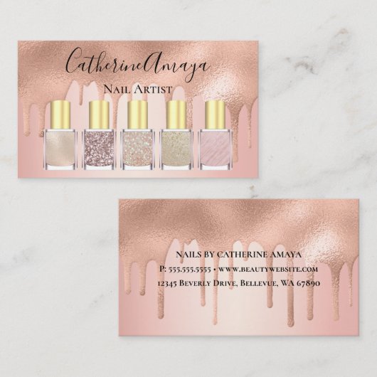 Roos gouden nagellak visitekaartje (Voorkant / Achterkant)