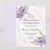 Roos gouden paarse waterverf Quinceanera Kaart (Voorkant / Achterkant)