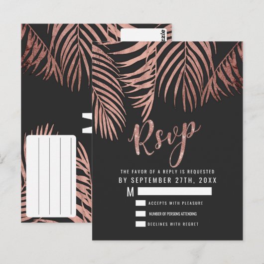 Roos Gouden Palm Tree Fronds Zwart Modern RSVP Briefkaart (Voorkant / Achterkant)