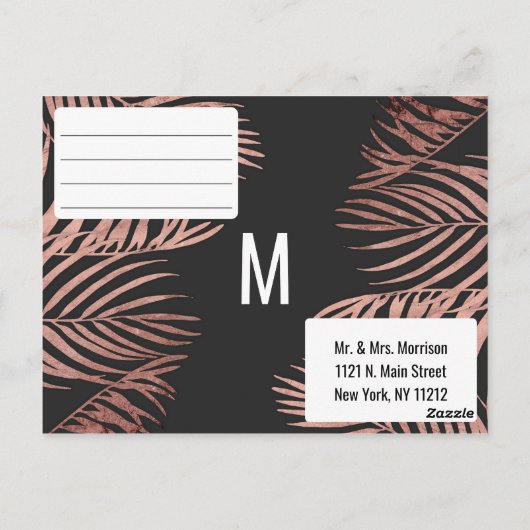 Roos Gouden Palm Tree Fronds Zwart Modern RSVP Briefkaart (Achterkant)