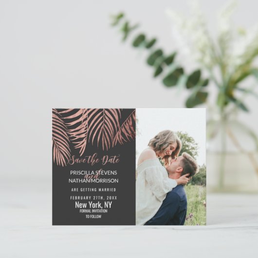 Roos Gouden Palm Tree Fronds Zwart Modern Save Dat Briefkaart (Staand voorkant)