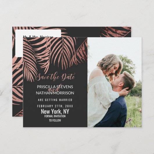 Roos Gouden Palm Tree Fronds Zwart Modern Save Dat Briefkaart (Voorkant / Achterkant)