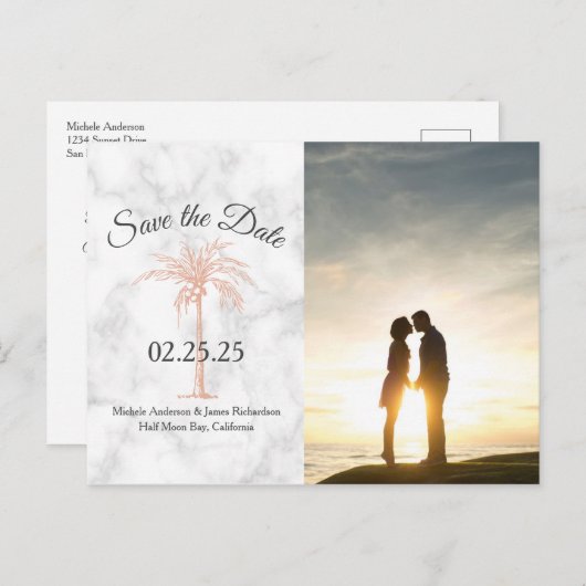 Roos gouden palmboom marmer bruiloft opslaan datum aankondigingskaart (Voorkant / Achterkant)