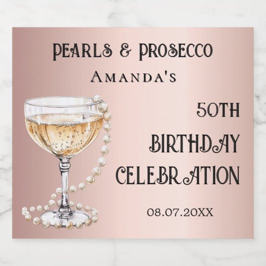 Roos gouden parels prosecco verjaardagsfeestje sparkling wijnetiket (Enkel label)