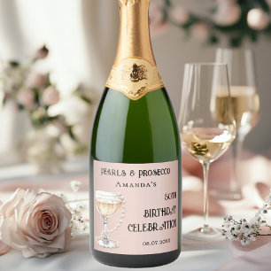 Roos gouden parels prosecco verjaardagsfeestje sparkling wijnetiket
