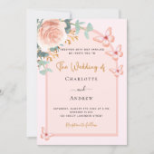 Roos gouden perzik bloemengroenboog bruiloft kaart (Voorkant)