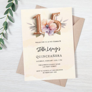 Roos gouden perzik bloemenquinceanera kaart