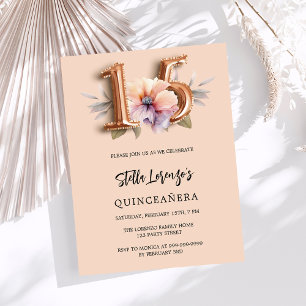 Roos gouden perzik bloemenquinceanera kaart