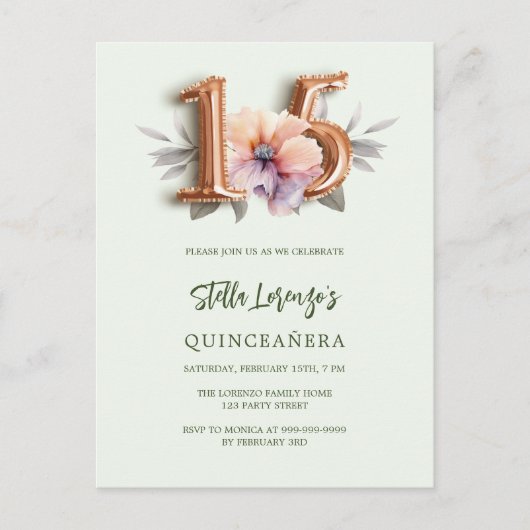 Roos gouden perzik bloemgroen Quinceanera Uitnodiging Briefkaart (Voorkant)