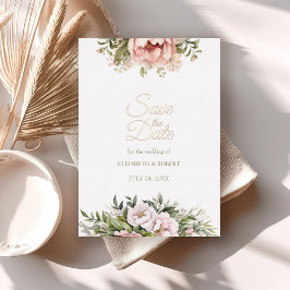 Roos Gouden Perzik en Blush Bloemen Save The Date Folie Uitnodiging
