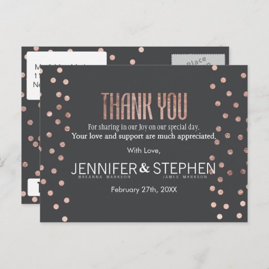 Roos Gouden Polka Dots en Houtskool Zwart Dank u Briefkaart (Voorkant / Achterkant)