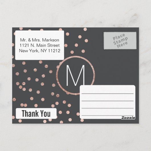 Roos Gouden Polka Dots en Houtskool Zwart Dank u Briefkaart (Achterkant)