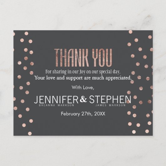 Roos Gouden Polka Dots en Houtskool Zwart Dank u Briefkaart (Voorkant)