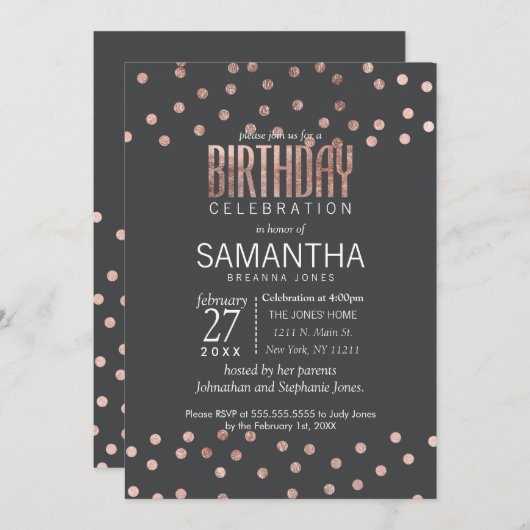 Roos Gouden Polka Dots en Houtskool Zwart Verjaard Kaart (Voorkant / Achterkant)