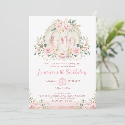 Roos Gouden Pompoen 1e Verjaardag Blush Roze Bloem Kaart (Staand voorkant)