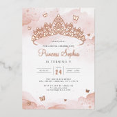 Roos gouden prinses meisjes verjaardagsfeestje folie uitnodiging (Voorkant)
