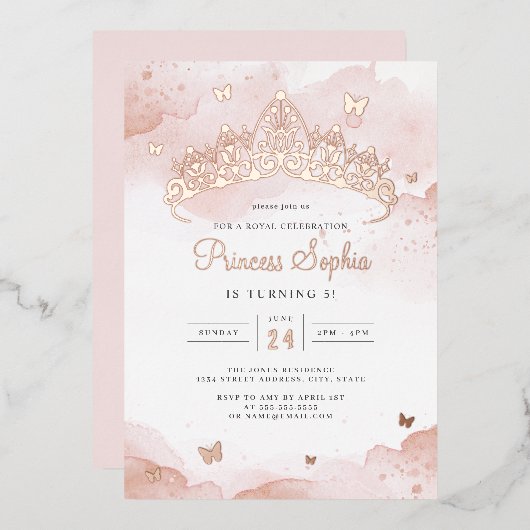 Roos gouden prinses meisjes verjaardagsfeestje folie uitnodiging (Voorkant / Achterkant)