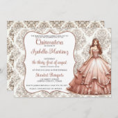Roos gouden quinceañera jurk uitnodiging (Voorkant / Achterkant)