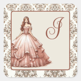 Roos gouden quinceañera jurk vierkante sticker