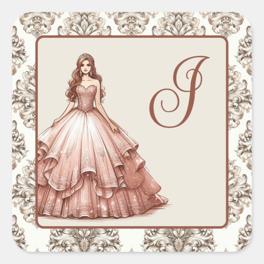 Roos gouden quinceañera jurk vierkante sticker (Voorkant)