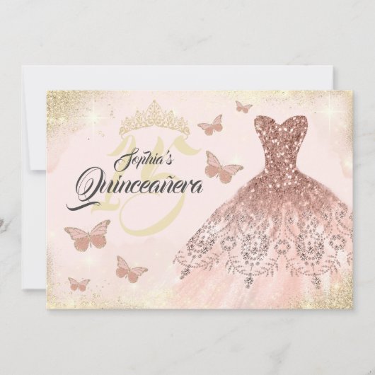 Roos gouden quinceanera vlinderjurk kaart (Voorkant)