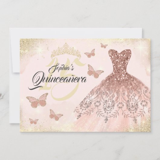 Roos gouden quinceanera vlinderjurk kaart (Voorkant)
