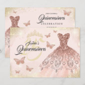 Roos gouden quinceanera vlinderjurk kaart (Voorkant / Achterkant)