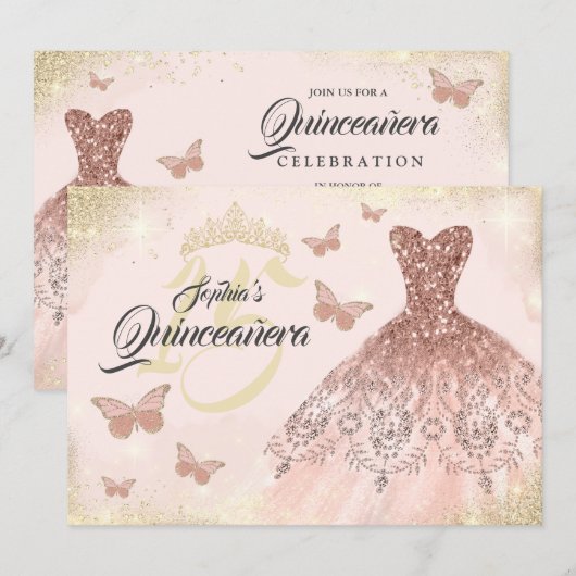 Roos gouden quinceanera vlinderjurk kaart (Voorkant / Achterkant)