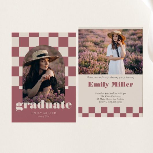 Roos gouden retro geruit boog foto Afstuderen Kaart