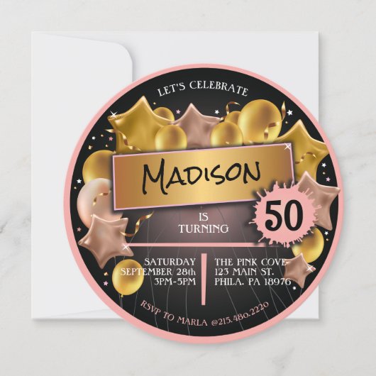 ROOS GOUDEN ROZE Ballonnen 50ste 60ste Verjaardag Kaart (Voorkant)