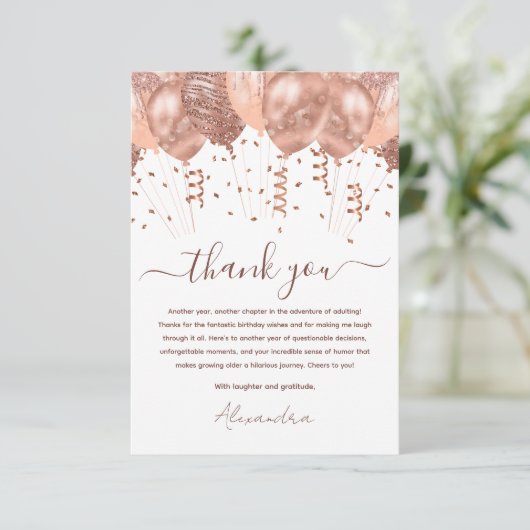 Roos gouden roze ballonnen verjaardagsfeestje bedankkaart (Staand voorkant)