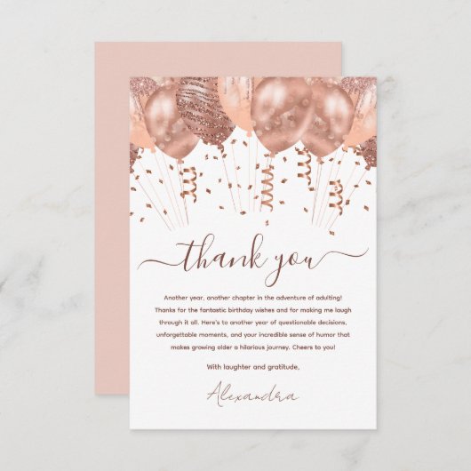 Roos gouden roze ballonnen verjaardagsfeestje bedankkaart (Voorkant / Achterkant)