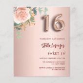 Roos gouden roze bloembudget Sweet 16 uitnodiging (Voorkant)