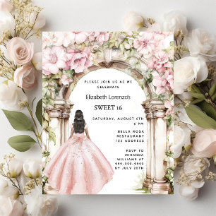 Roos gouden roze bloemen arch Sweet 16 uitnodiging