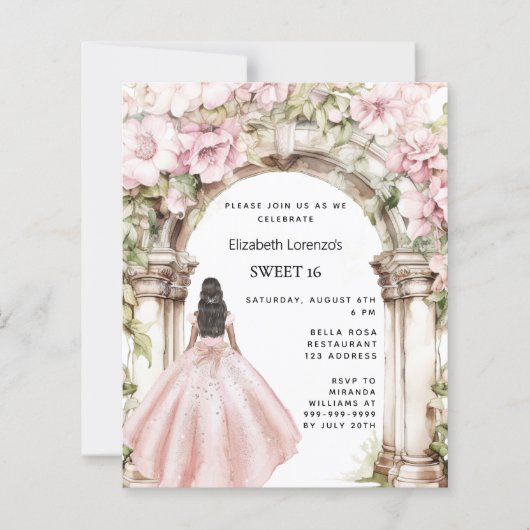 Roos gouden roze bloemen arch Sweet 16 uitnodiging (Voorkant)