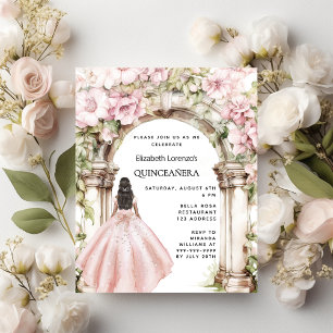 Roos gouden roze bloemen boog Quinceanera uitnodig