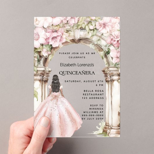 Roos gouden roze bloemen boogjurk Quinceanera Acryl Uitnodigingen (Insitu (Draagbaar))