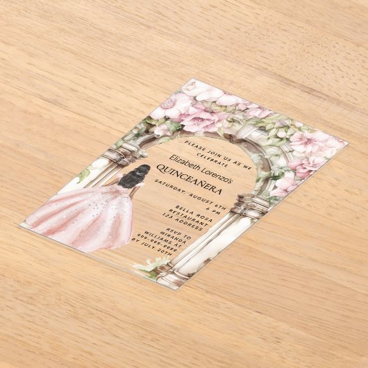 Roos gouden roze bloemen boogjurk Quinceanera Acryl Uitnodigingen (Laagn)