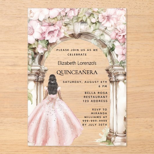 Roos gouden roze bloemen boogjurk Quinceanera Acryl Uitnodigingen (Voorkant)