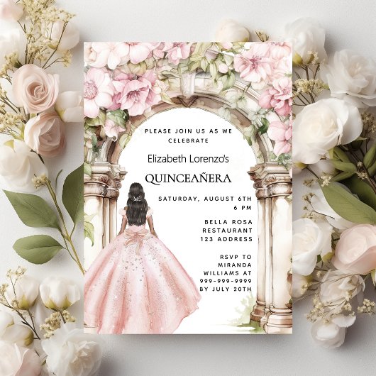 Roos gouden roze bloemen boogjurk Quinceanera Kaart