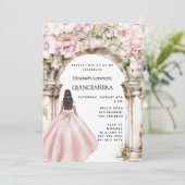 Roos gouden roze bloemen boogjurk Quinceanera Kaart (Staand voorkant)