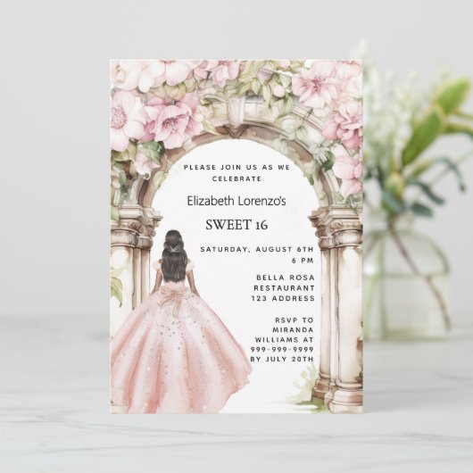 Roos gouden roze bloemen boogjurk Sweet 16 Kaart (Staand voorkant)