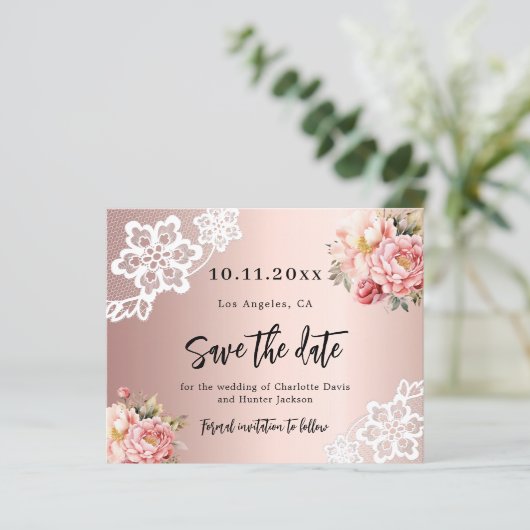 Roos gouden roze bloemen bruiloft Save the Date ka (Staand voorkant)