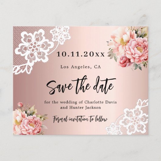 Roos gouden roze bloemen bruiloft Save the Date ka (Voorkant)