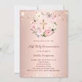 Roos gouden roze bloemen glitter Eerste Communie Kaart (Voorkant)