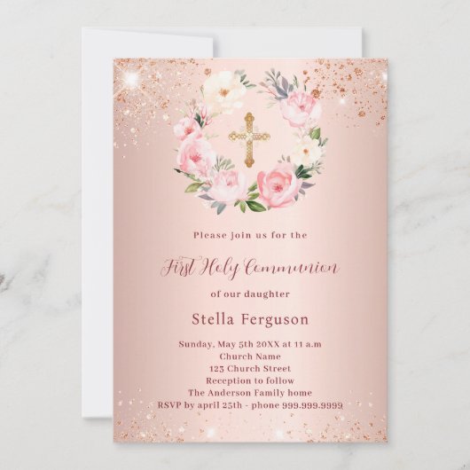 Roos gouden roze bloemen glitter Eerste Communie Kaart (Voorkant)