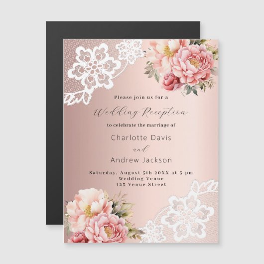 Roos gouden roze bloemen kant bruiloft receptie magnetische uitnodiging (Voorkant / Achterkant)