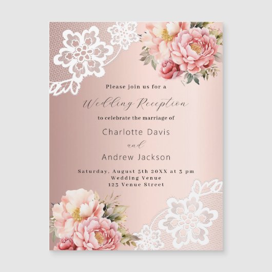 Roos gouden roze bloemen kant bruiloft receptie magnetische uitnodiging (Voorkant)