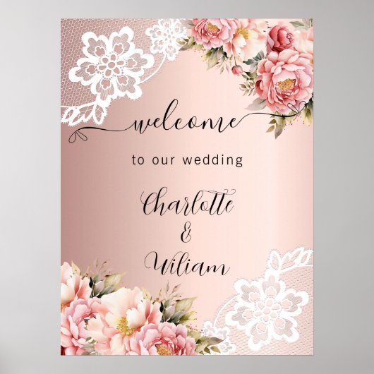 Roos gouden roze bloemen kant bruiloft welkom poster (Voorkant)